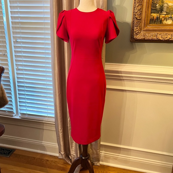 NWOT Calvin Klein Tulip Sleeve Stretch Crepe Sheath Dress in Red Size 6 - Picture 1 of 5